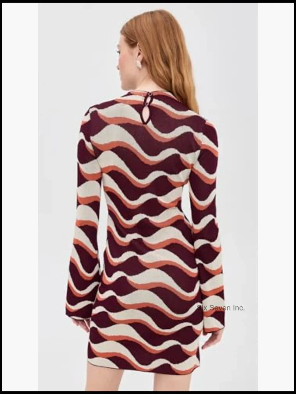 Lightweight Jacquit Knit Dress with Flared Cuffs and Mock Neck - Picture 3 of 6